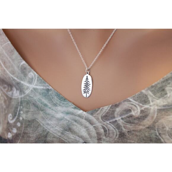 Sterling Silver Etched Pine Tree Charm Necklace, Pine Tree Charm Necklace - Picture 2 of 3